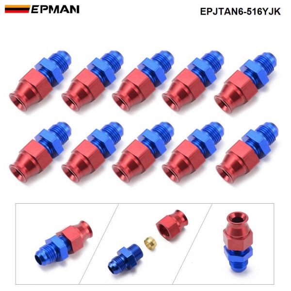 EPMAN 10PCS Aluminum Hard Line Tubing Fitting 5/16" Tube To 6AN Male Fare Fuel Hose Adapters Blue&Red Anodized EPJTAN6-516YJK