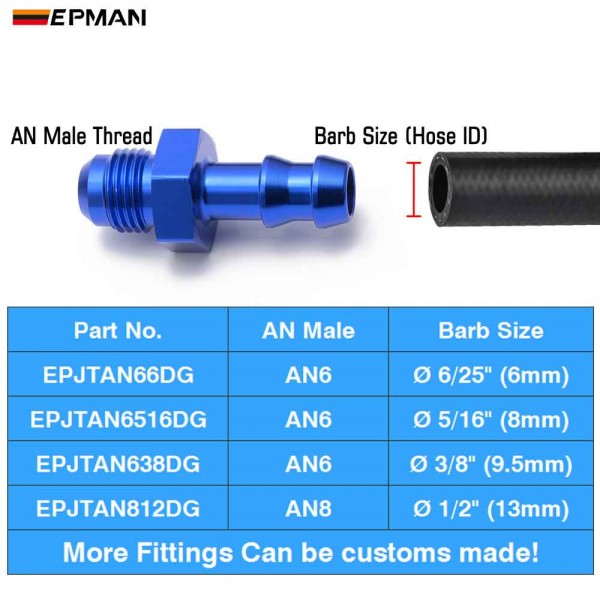 EPMAN 10PCS Aluminum Flare Push On Barb Adapter AN6/AN8 Male To 1/2" 5/16" 3/8" 6/25" Outer Diameter Hose Barb Fittings