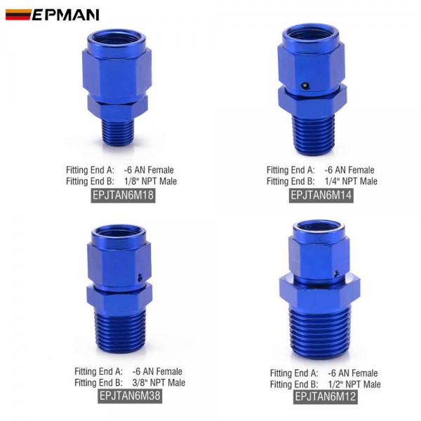 EPMAN 10PCS -6AN Female To 1/4" NPT 1/8" NPT 1/2" NPT 3/8" NPT Male Swivel Straight Adapter Fitting Aluminum Fuel Hose Fitting EPMAN 10PCS -6AN Female To 1/4" NPT 1/8" NPT 1/2" NPT 3/8" NPT Male Swivel Straight Adapter Fitting Aluminum Fuel Hose Fitting