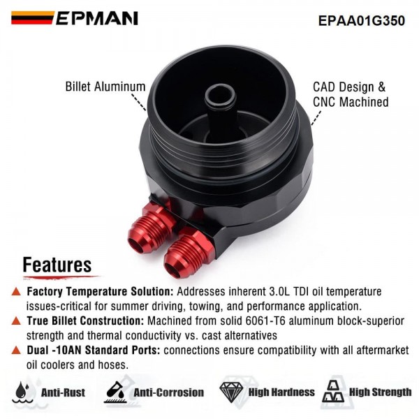 EPMAN Billet Oil Cooler Mounting Adapter For VW Audi 3.0L TDI Engine Dash 10 Ports Black Finish EPAA01G350
