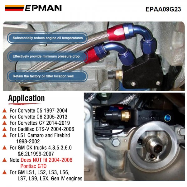EPMAN Oil Cooler Adapter Kit 6061 Billet Aluminum for GM LS1-LS9, LSX, Gen IV Engines Fits Corvette C5 C6 C7 EPAA09G23
