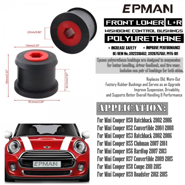 EPMAN Suspension Front Lower Control Arm Wishbone Polyurethane Bushing Kit For 2002-2015 MINI Cooper EPAA01G198