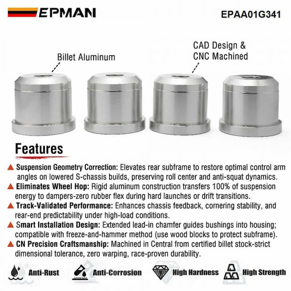 EPMAN Rear Subframe Bushings Kit Solid Billet Aluminum Risers for Nissan 240SX S13 S14 – Raises Subframe for Lowered Cars Suspension Upgrade EPAA01G341