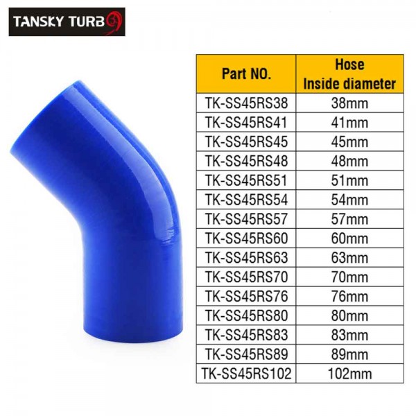 TANSKY 10PCS/LOT 45 degree Elbow Silicone Hose Universal For Radiator Intercooler Intake Filter Exhaust Pipe ID 38mm 41mm 45mm 48mm 51mm 54mm 57mm 60mm 63mm 70mm 76mm 80mm 83mm 89mm 102mm