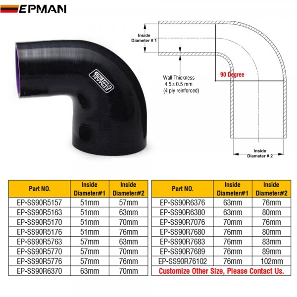 EPMAN 90Degree 4-Ply Silicone 90 Degree Elbow Reducer Hose BLACK EP-SS90R